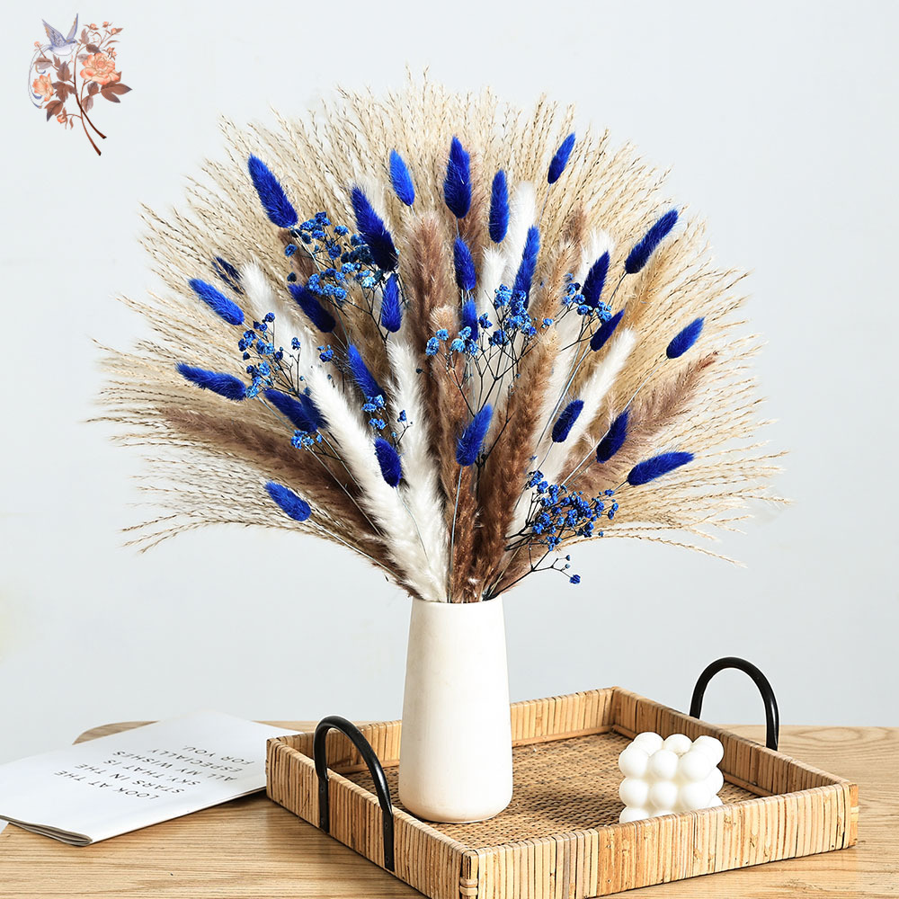 Dried Flower Bunch - 70-steel blauwe pluizige konijnenstaart pampasgras bos